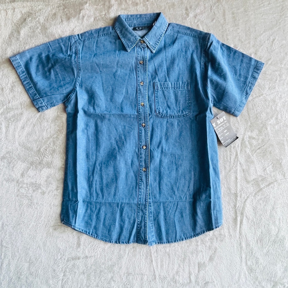 Y Not Sportswear Denim Shirt Mens Large Short Sleeve Button Up Cotton 2301 Blue